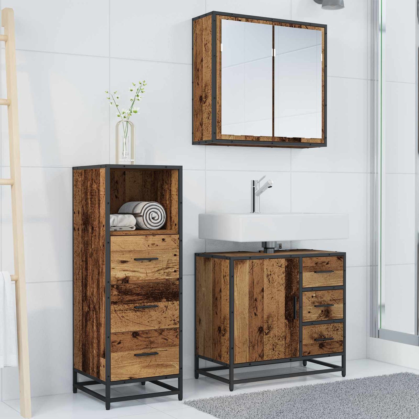 Set di mobili per il bagno con cassetto 3 pcs Legno vecchio | homemem39