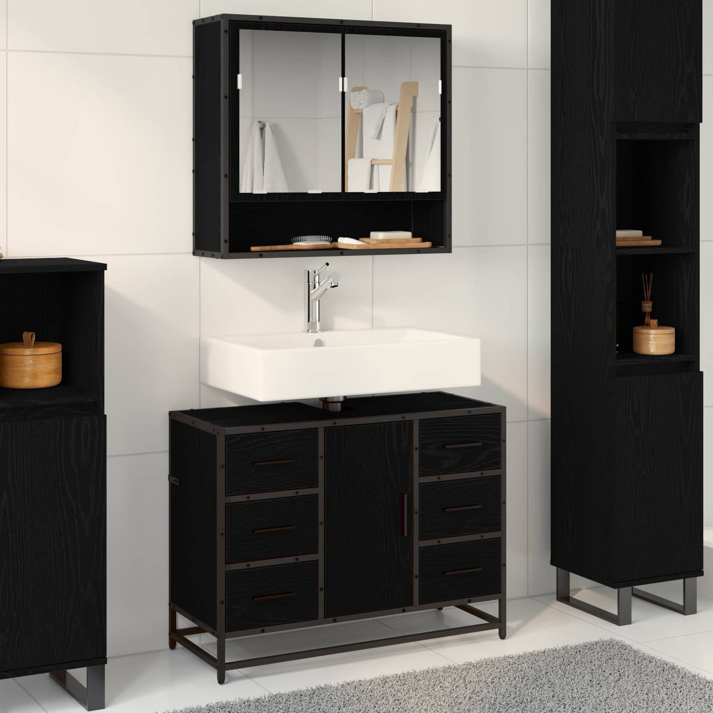 Set di mobili per il bagno 2 pcs Rovere Nero Legno multistrato | homemem39