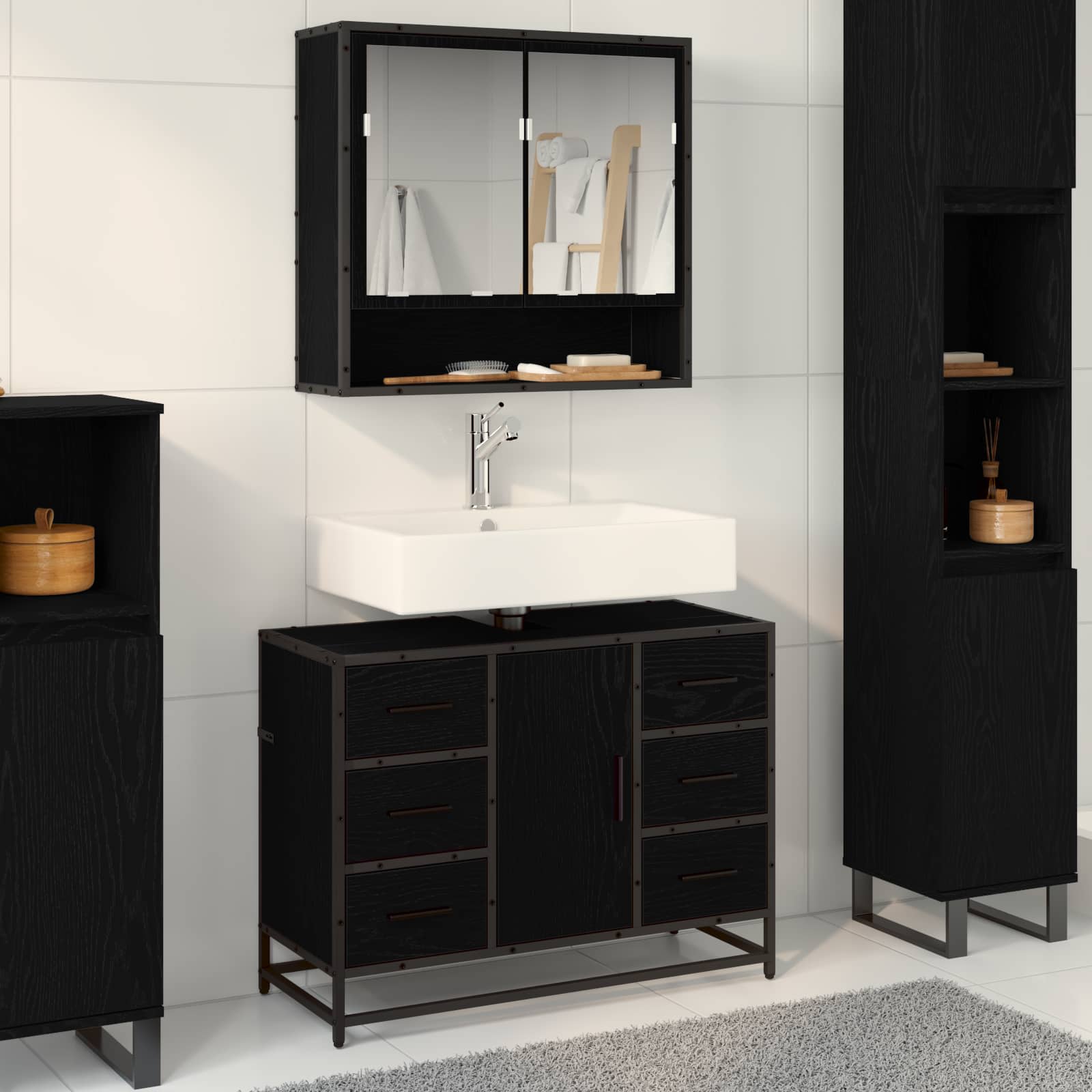 Set di mobili per il bagno 2 pcs Rovere Nero Legno multistrato | homemem39