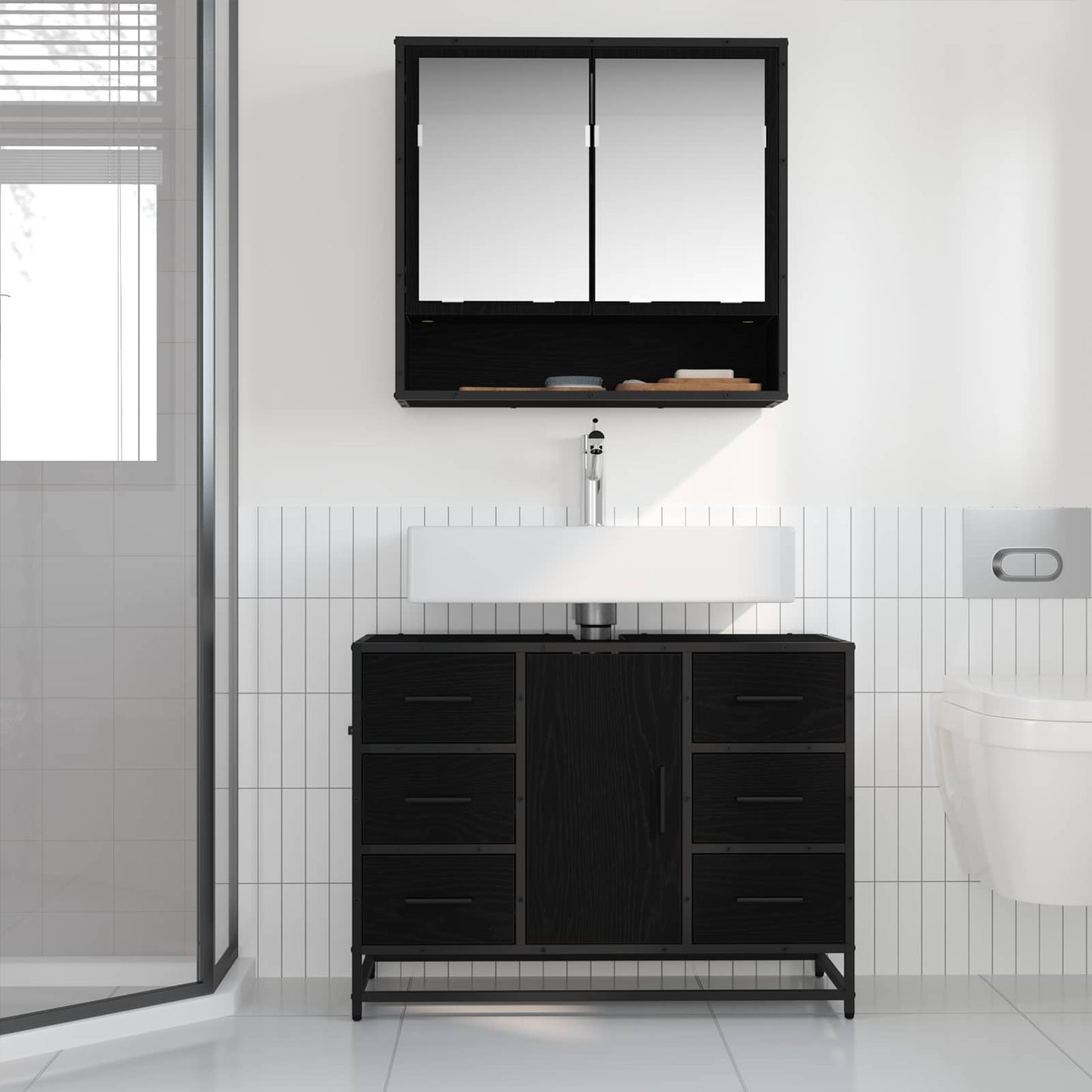 Set di mobili per il bagno 2 pcs Rovere Nero Legno multistrato | homemem39