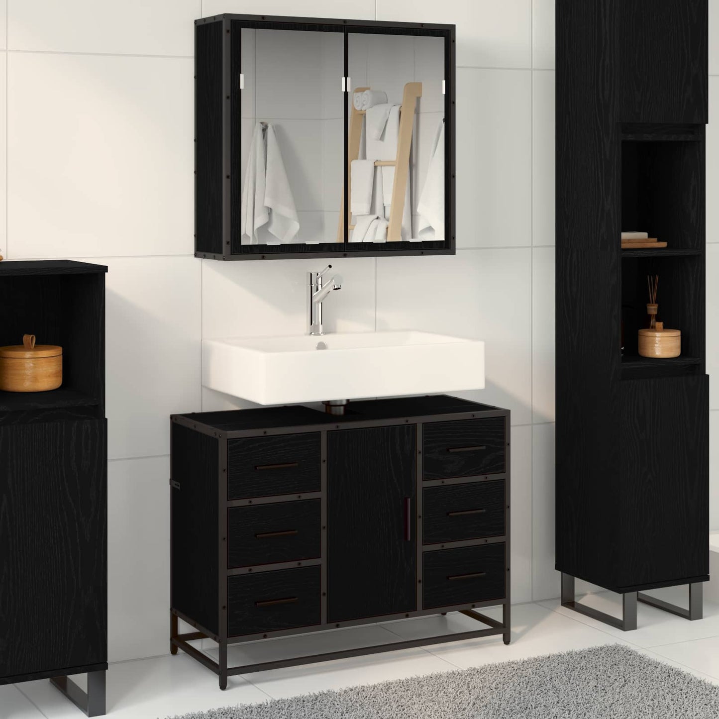Set di mobili per il bagno 2 pcs Rovere Nero Legno multistrato