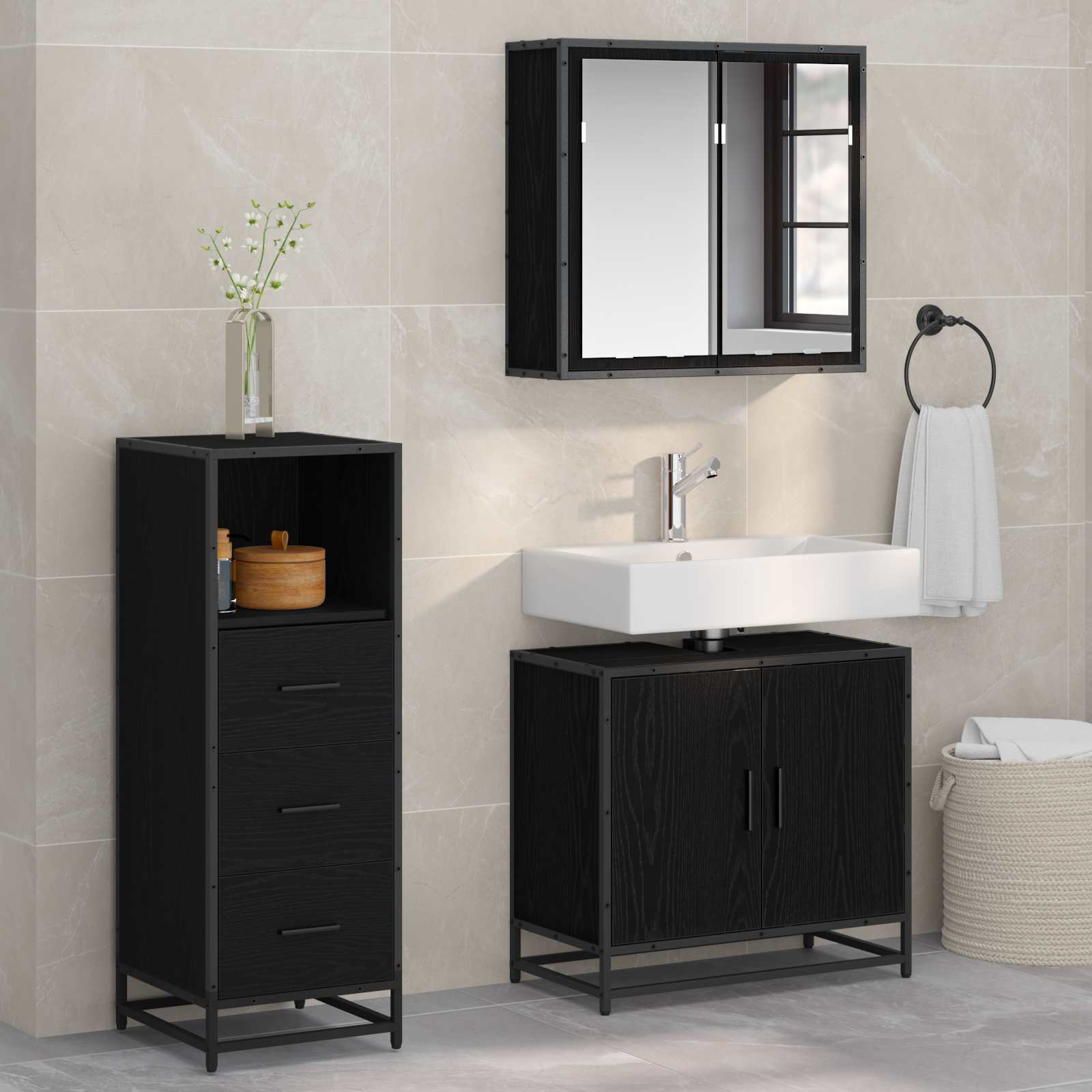 Set di mobili per il bagno 3 pcs Rovere Nero Legno multistrato | homemem39