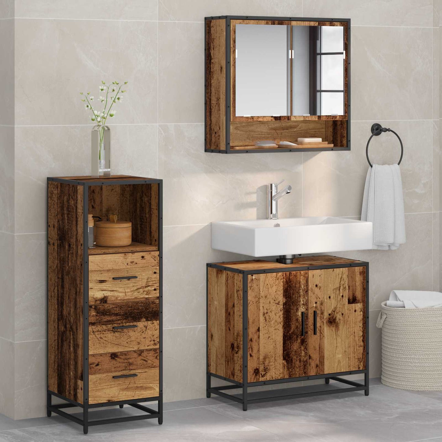 Set di mobili per il bagno con cassetto 3 pcs Legno vecchio | homemem39
