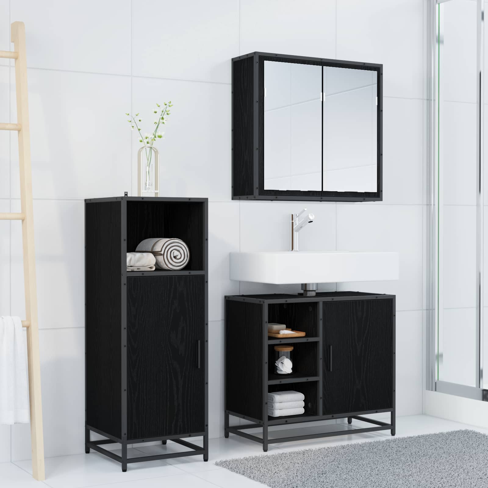 Set di mobili per il bagno 3 pcs Rovere Nero Legno multistrato | homemem39