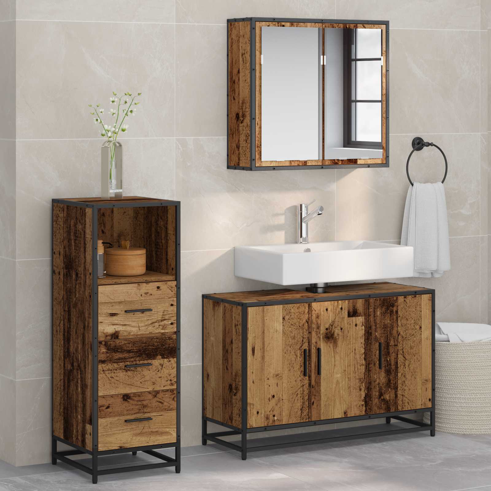 Set di mobili per il bagno con cassetto 3 pcs Legno vecchio | homemem39