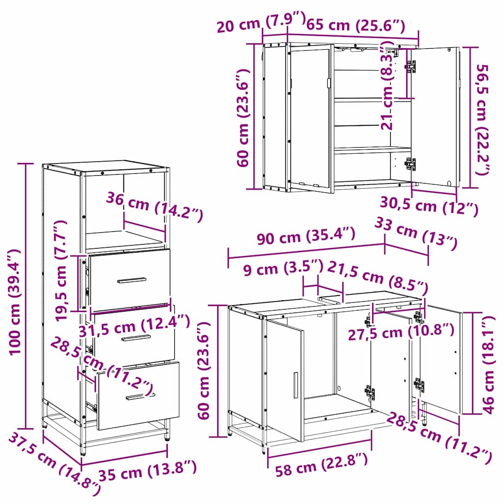Set di mobili per il bagno con cassetto 3 pcs Legno vecchio | homemem39