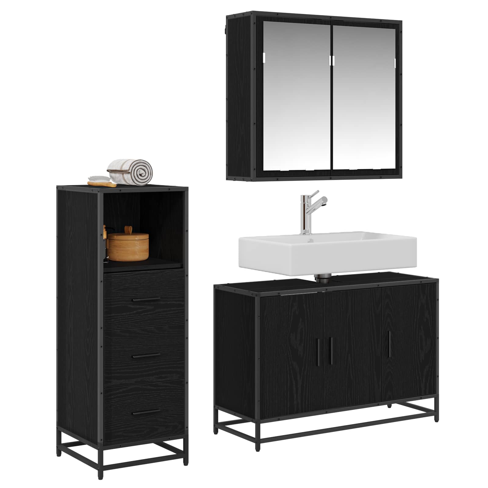Set di mobili per il bagno 3 pcs Rovere Nero Legno multistrato | homemem39