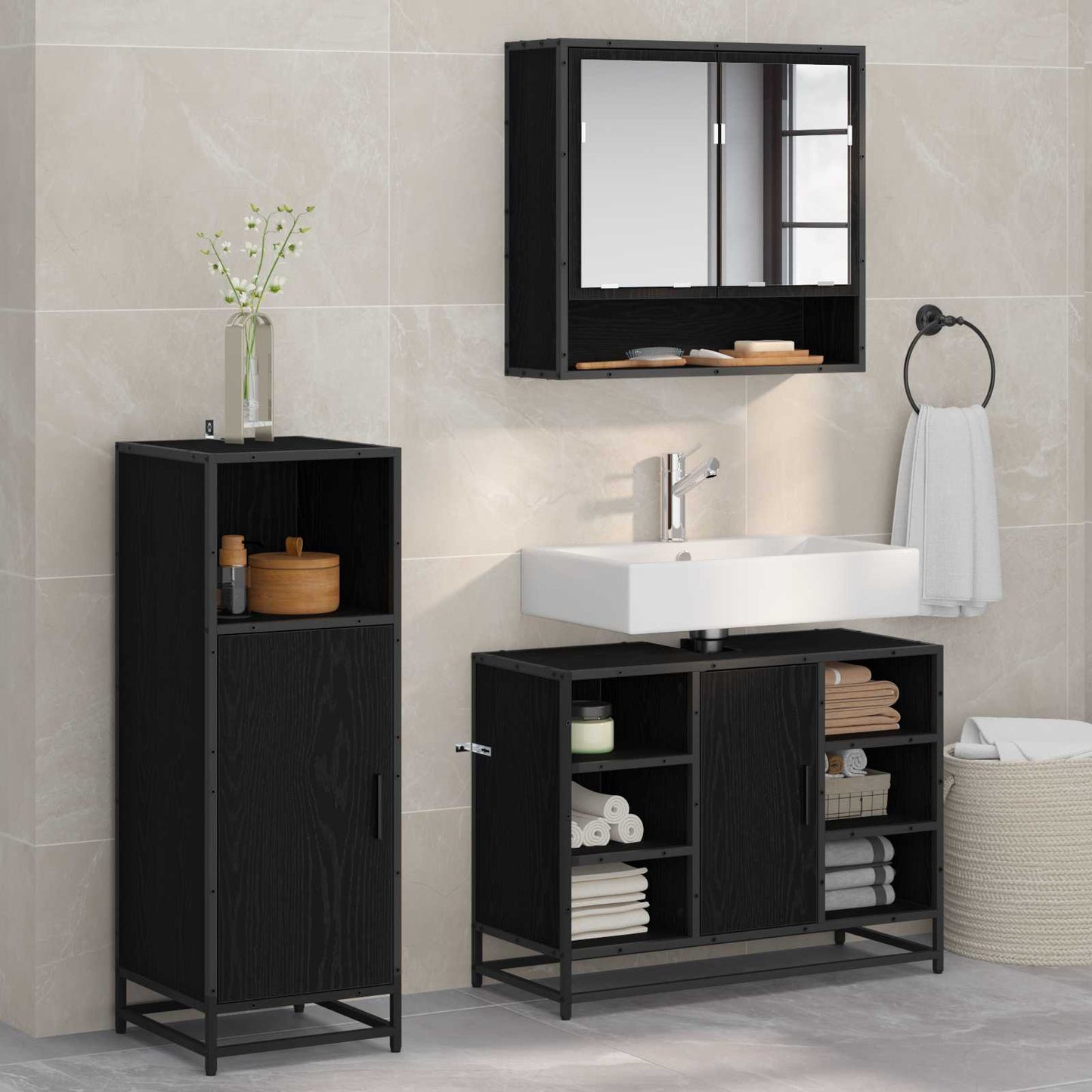 Set di mobili per il bagno 3 pcs Rovere Nero Legno multistrato | homemem39