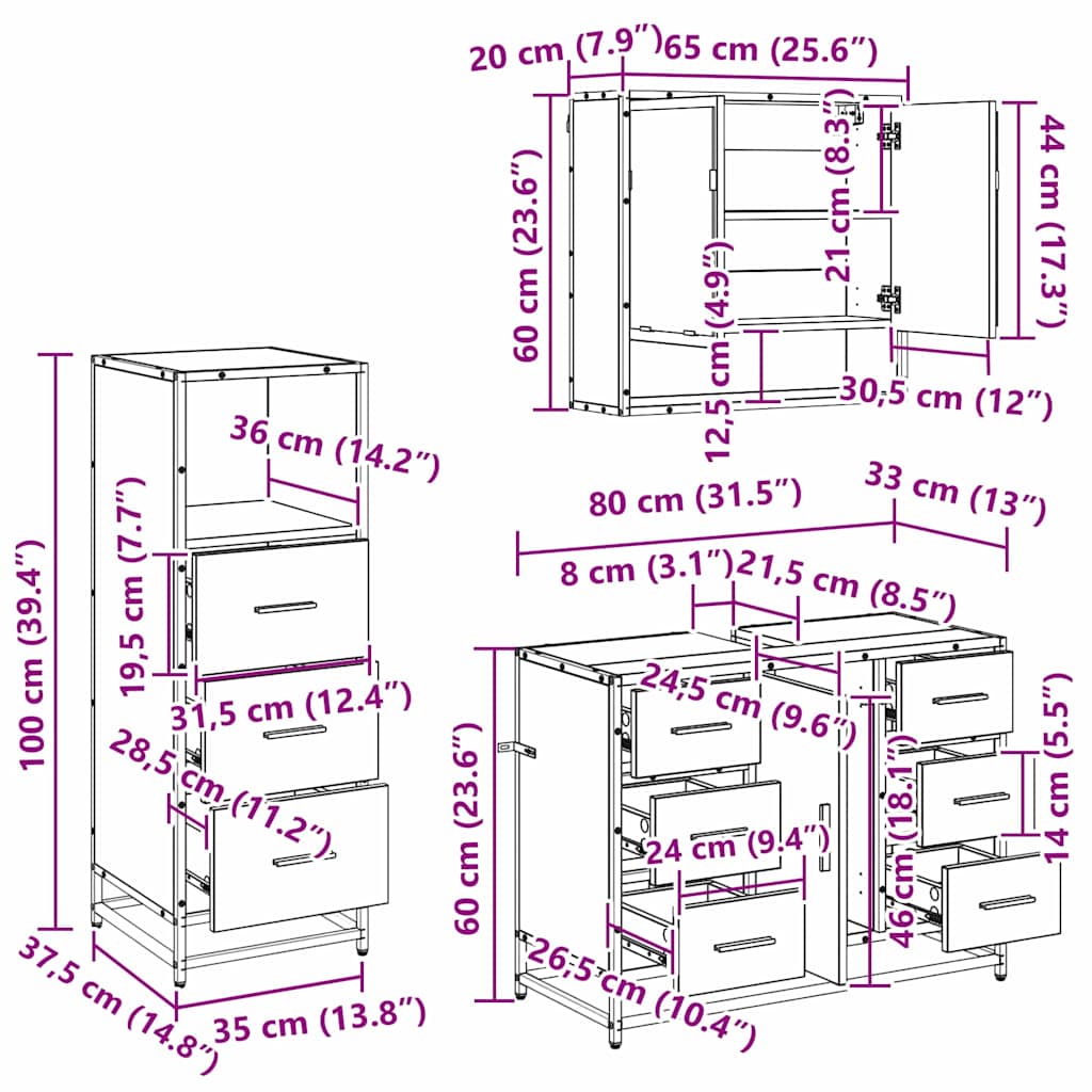 Set di mobili per il bagno con cassetto 3 pcs Legno vecchio | homemem39