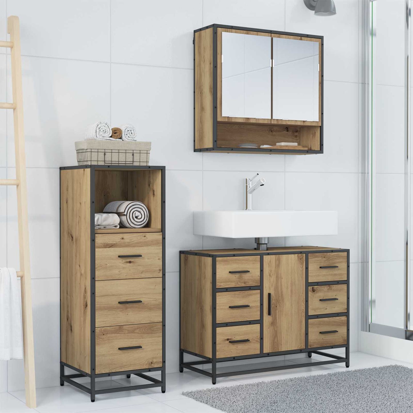 Set di mobili per il bagno 3 pz Rovere artigianale | homemem39
