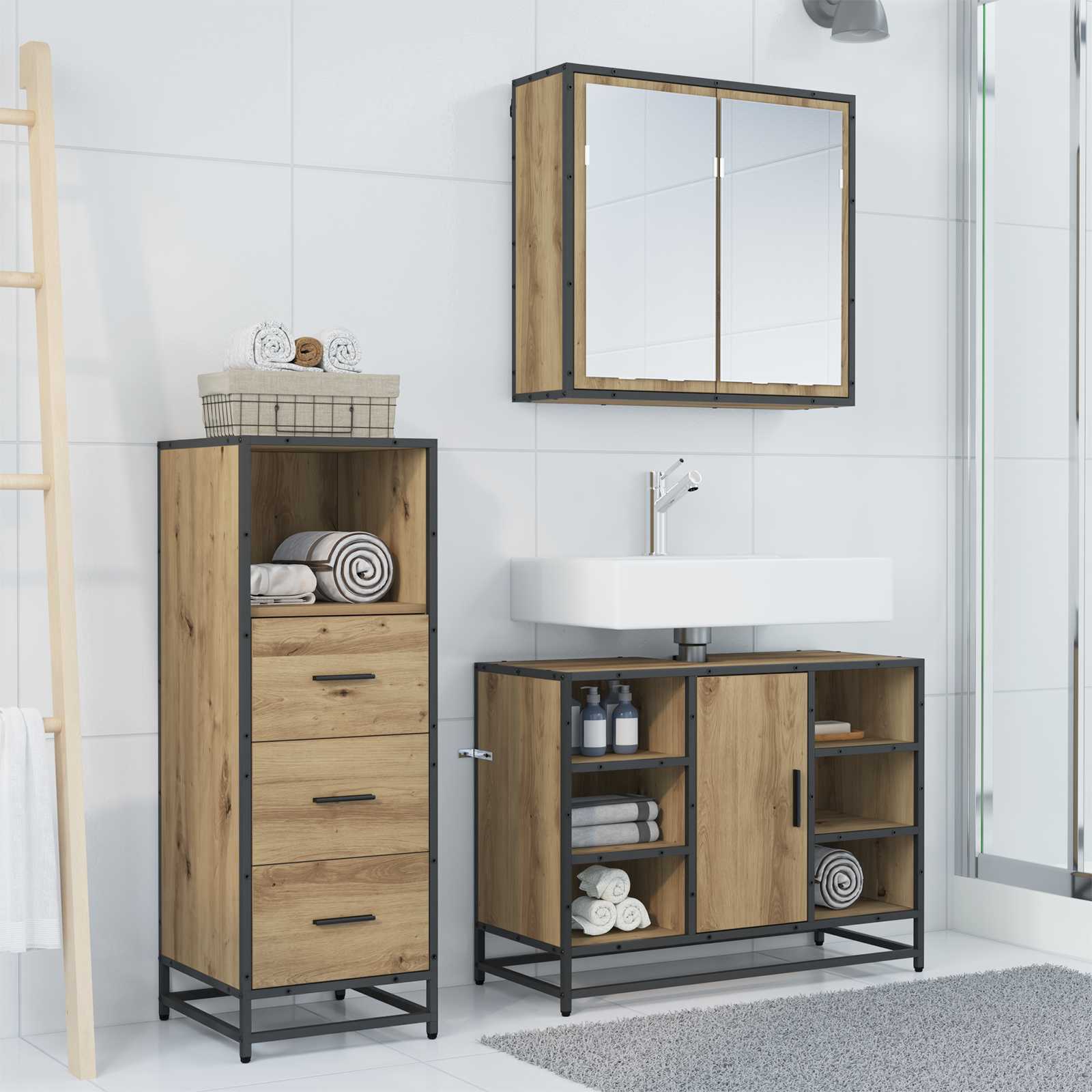 Set di mobili per il bagno 3 pz Rovere artigianale | homemem39