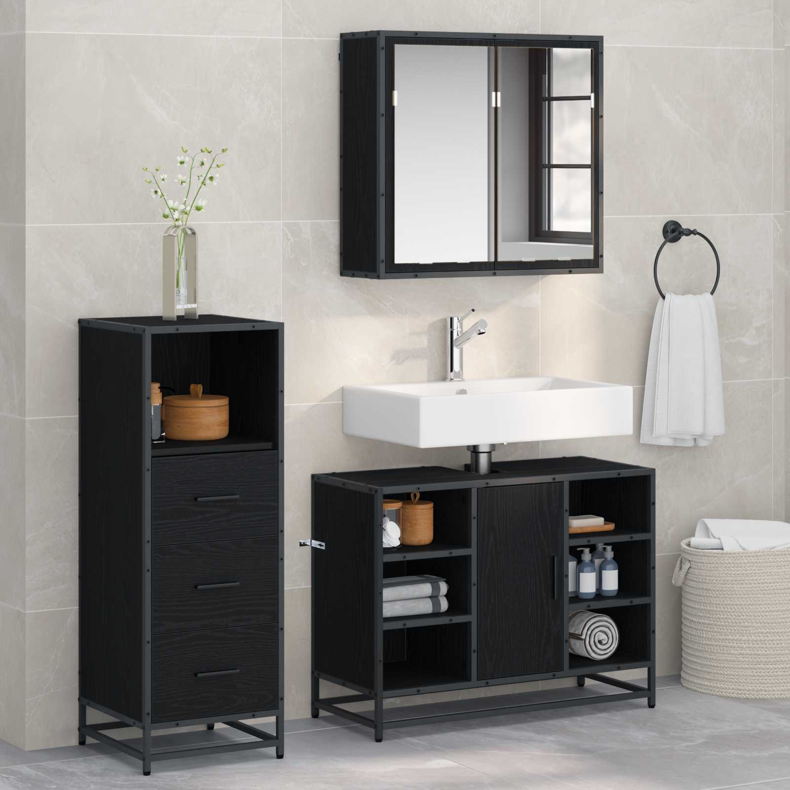 Set di mobili per il bagno 3 pcs Rovere Nero Legno multistrato | homemem39