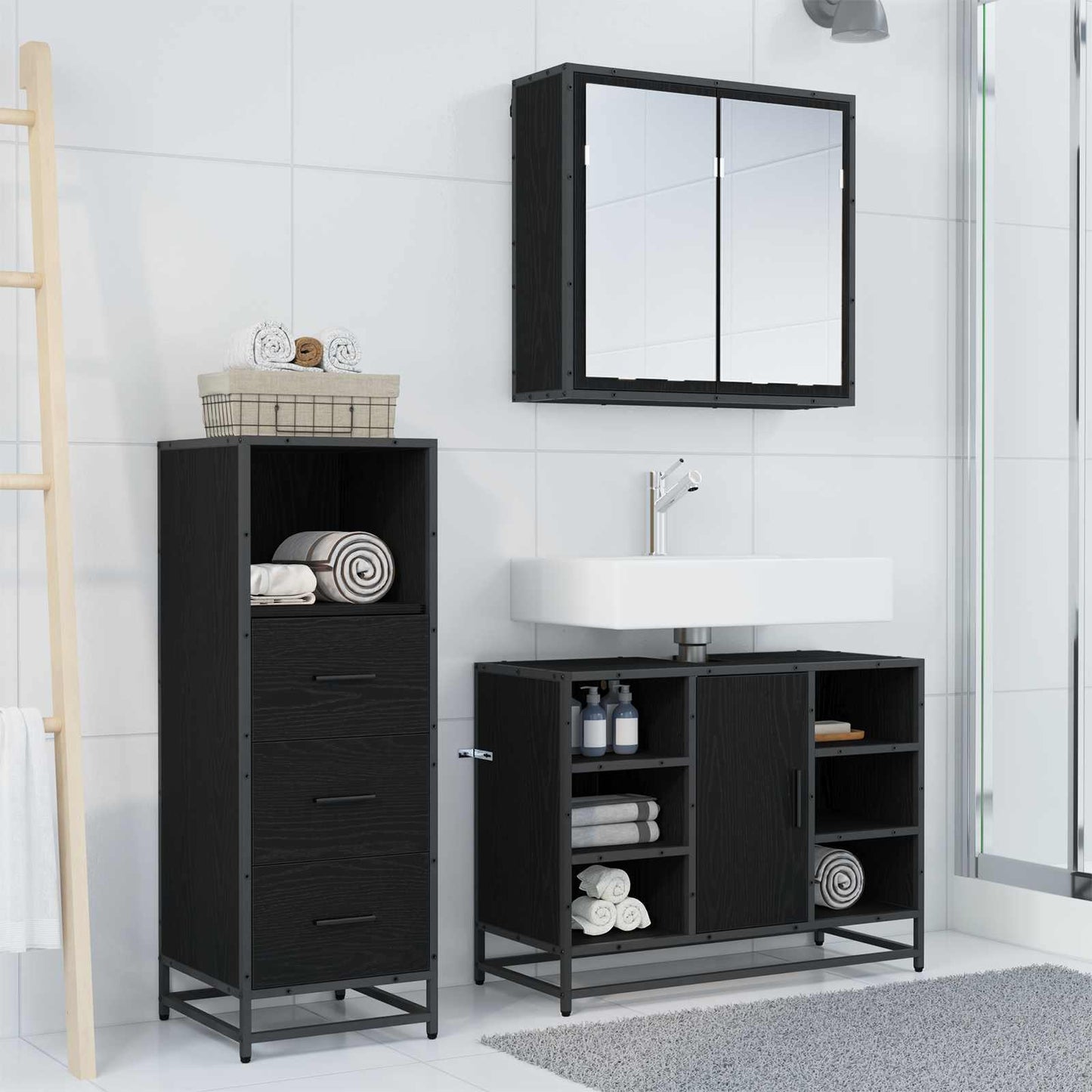 Set di mobili per il bagno 3 pcs Rovere Nero Legno multistrato | homemem39
