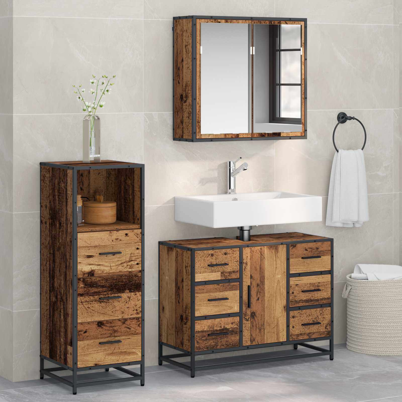 Set di mobili per il bagno con cassetto 3 pcs Legno vecchio | homemem39