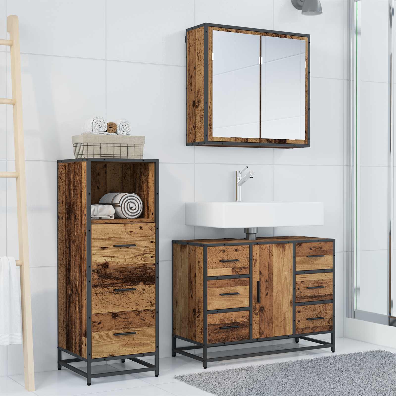 Set di mobili per il bagno con cassetto 3 pcs Legno vecchio | homemem39