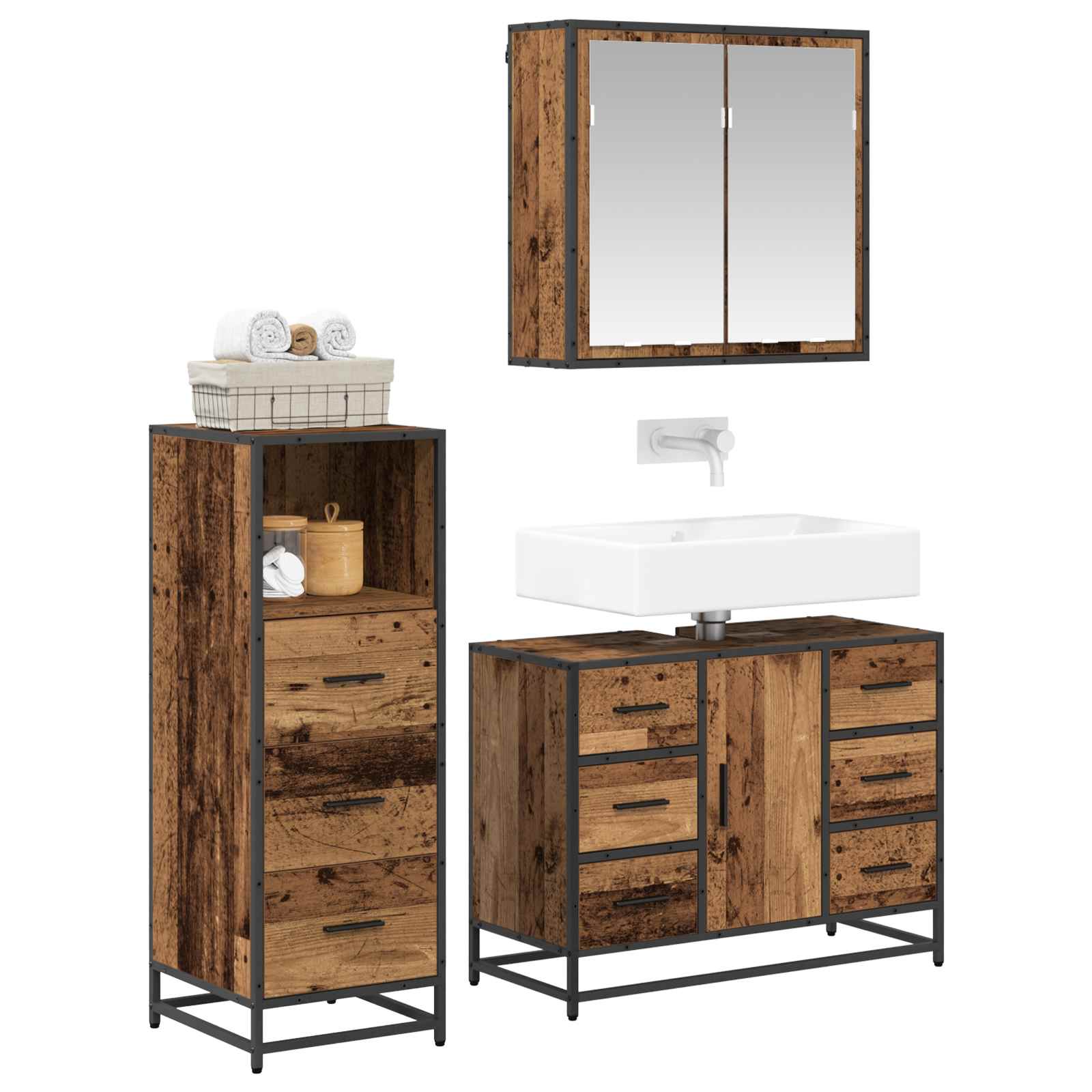Set di mobili per il bagno con cassetto 3 pcs Legno vecchio | homemem39