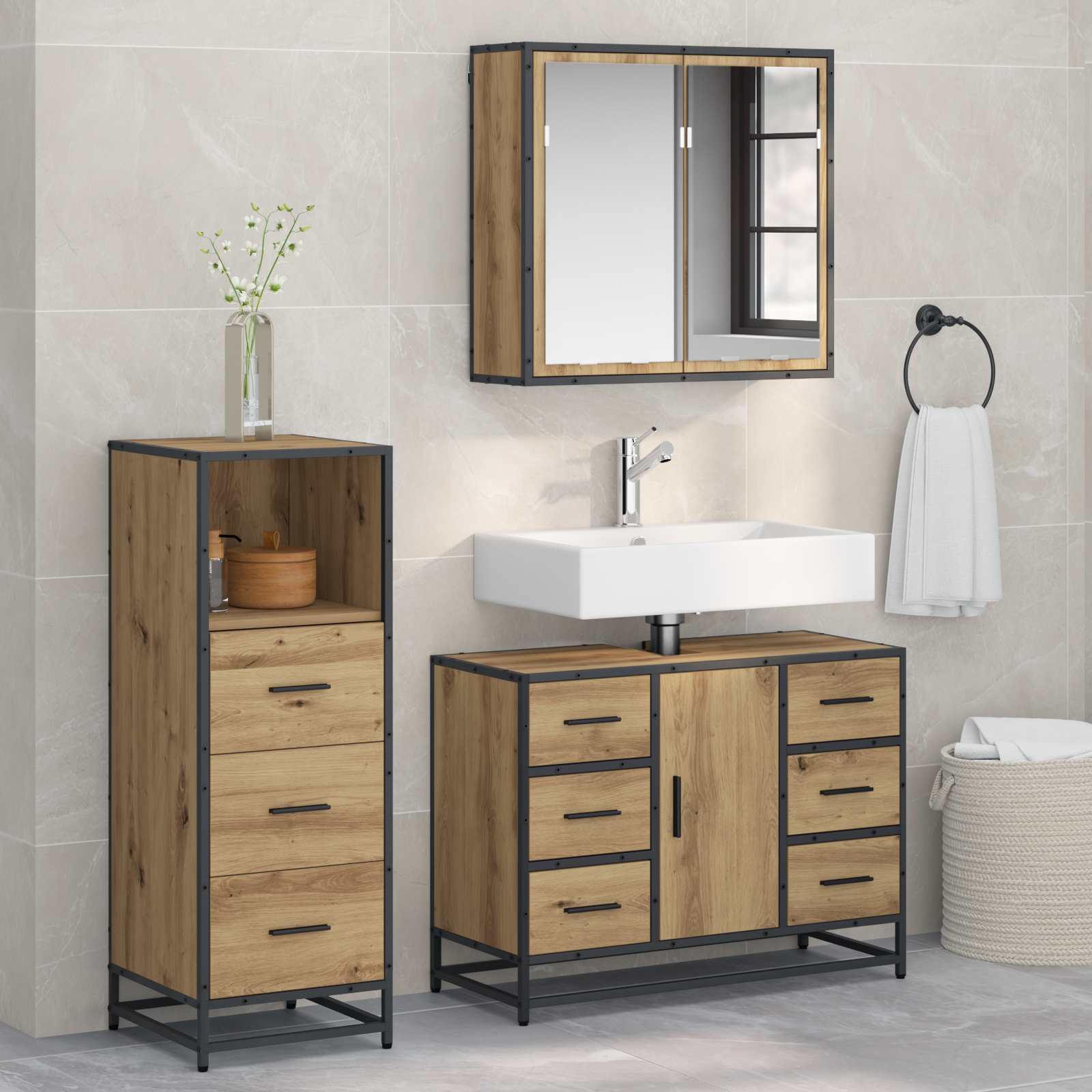 Set di mobili per il bagno 3 pz Rovere artigianale | homemem39