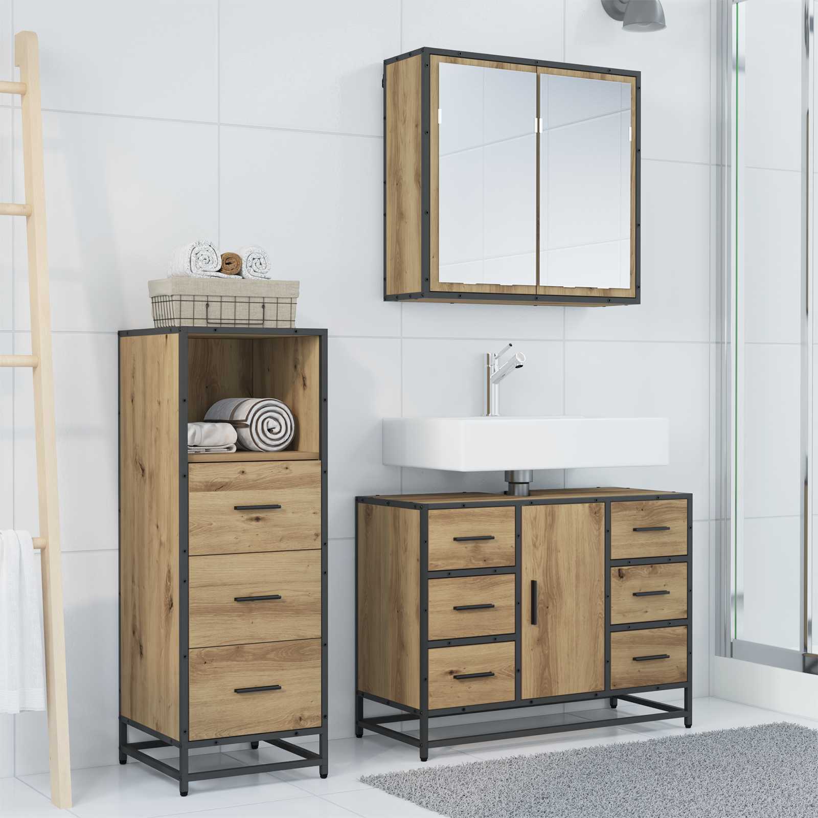 Set di mobili per il bagno 3 pz Rovere artigianale | homemem39