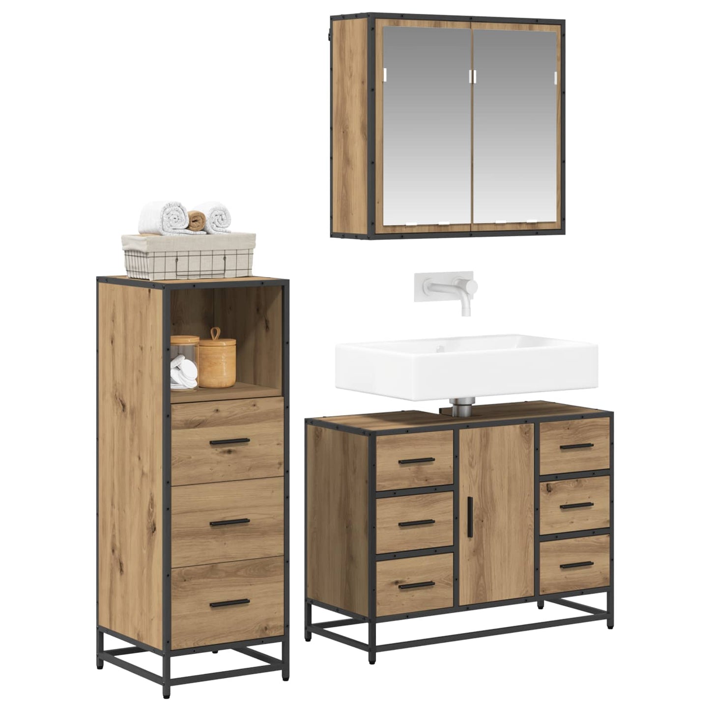 Set di mobili per il bagno 3 pz Rovere artigianale | homemem39
