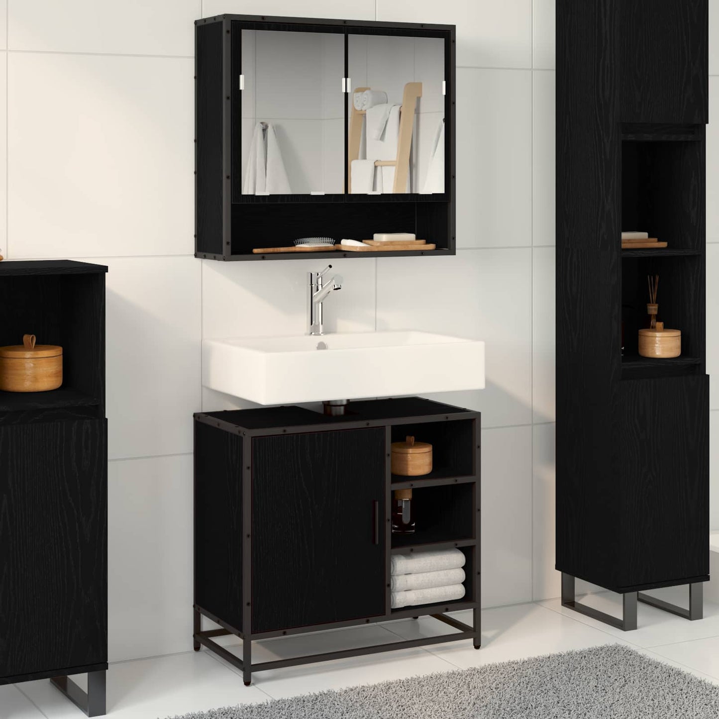 Set di mobili per il bagno 2 pcs Rovere Nero Legno multistrato | homemem39