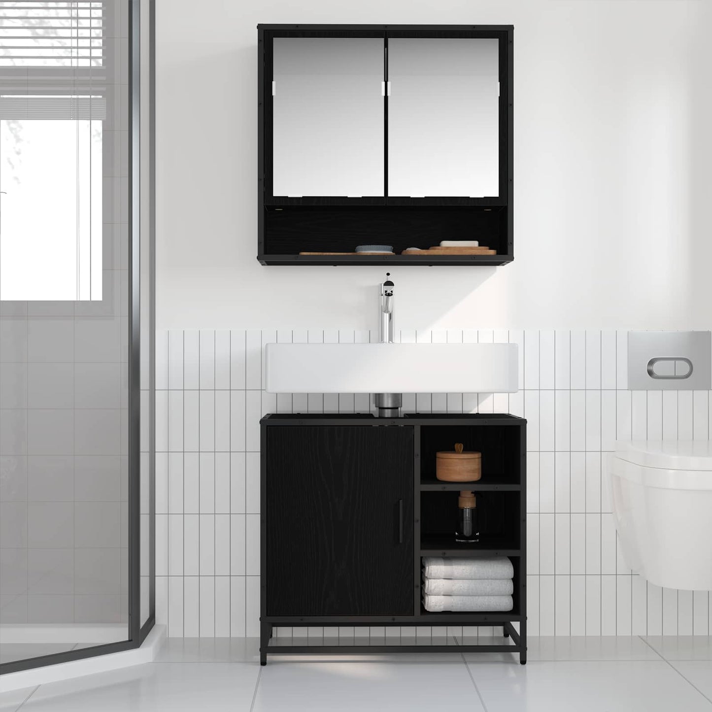 Set di mobili per il bagno 2 pcs Rovere Nero Legno multistrato | homemem39