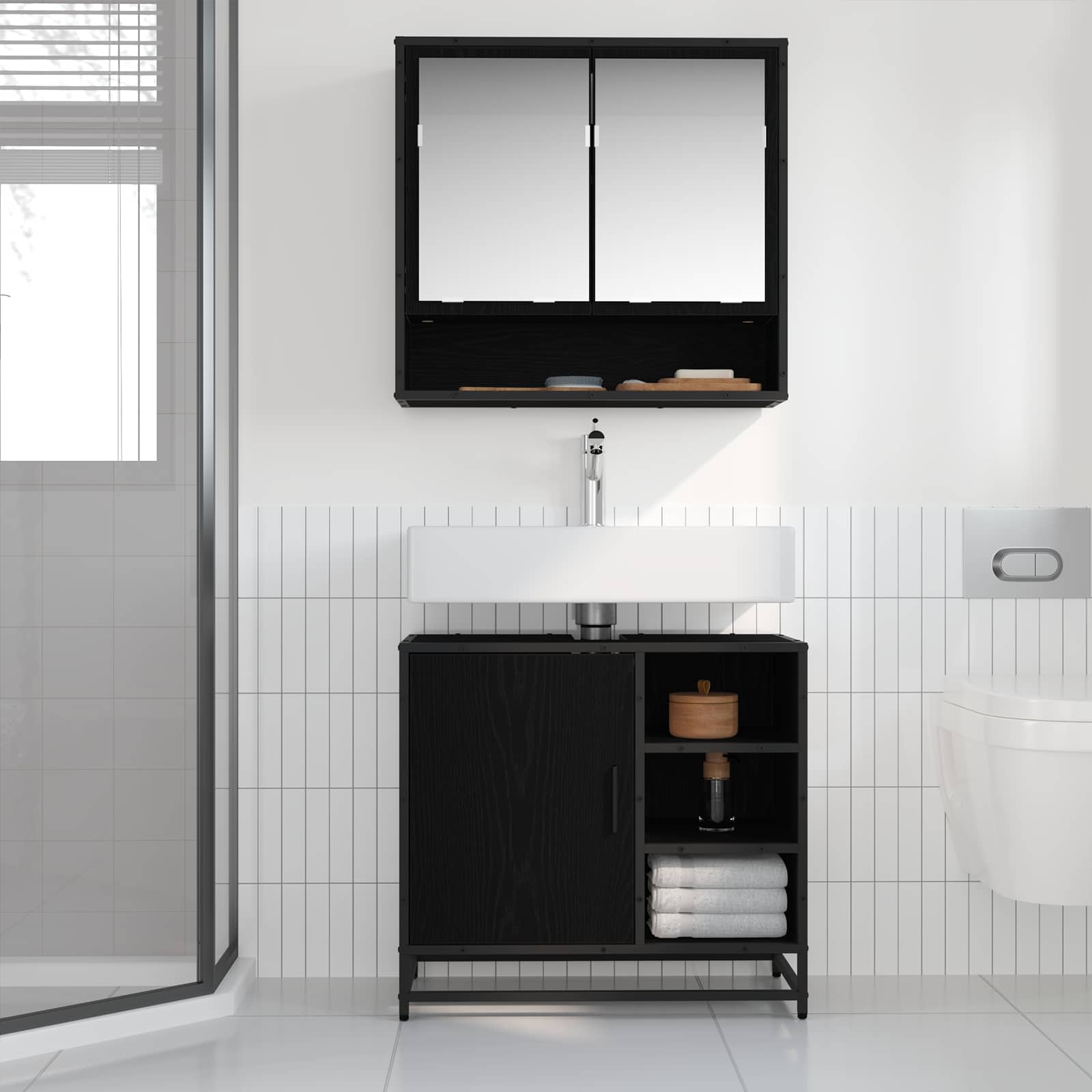Set di mobili per il bagno 2 pcs Rovere Nero Legno multistrato | homemem39
