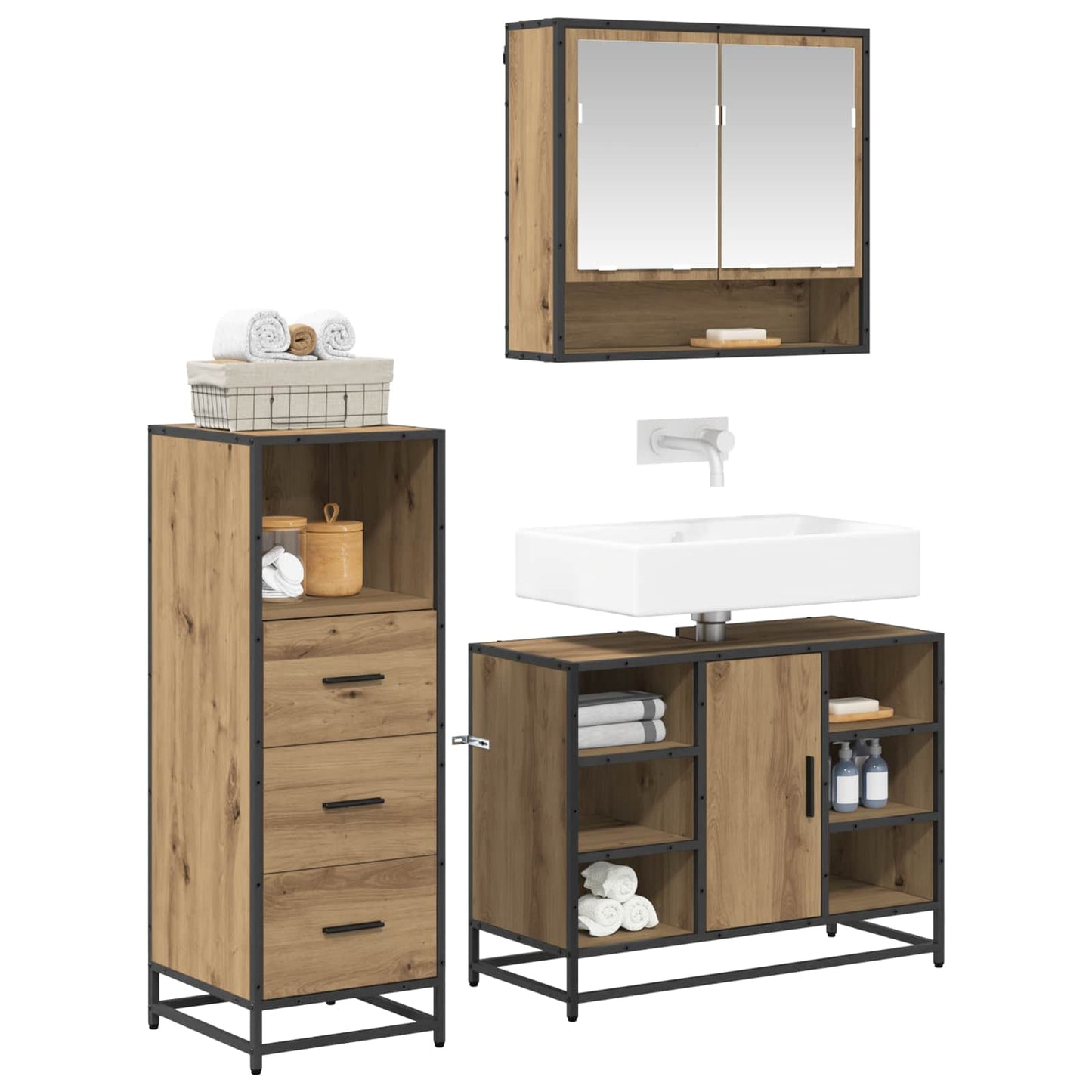 Set di mobili per il bagno 3 pz Rovere artigianale | homemem39