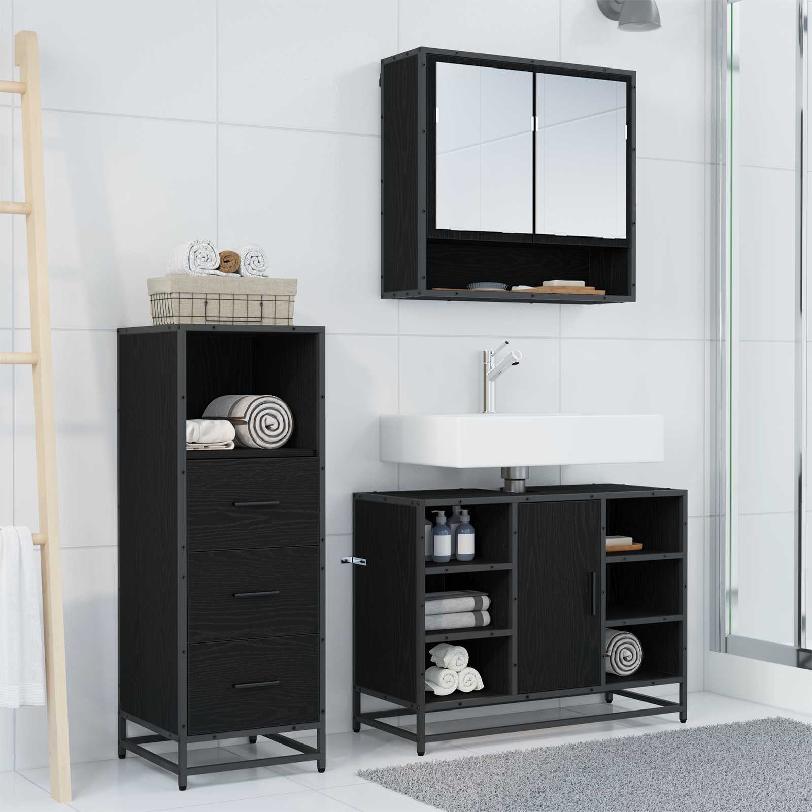 Set di mobili per il bagno 3 pcs Rovere Nero Legno multistrato | homemem39