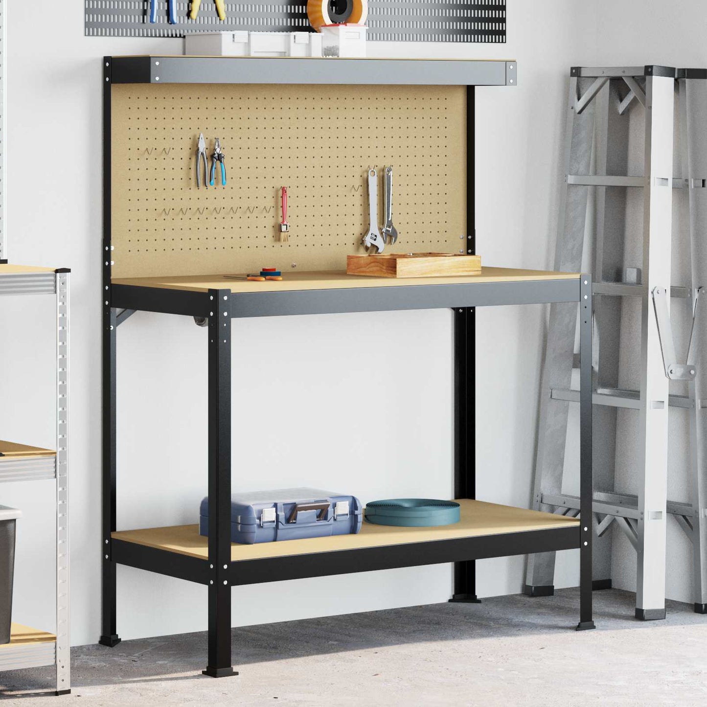 Banco da lavoro con lo scaffale Nero 114 x 54 x 145 cm | homemem39