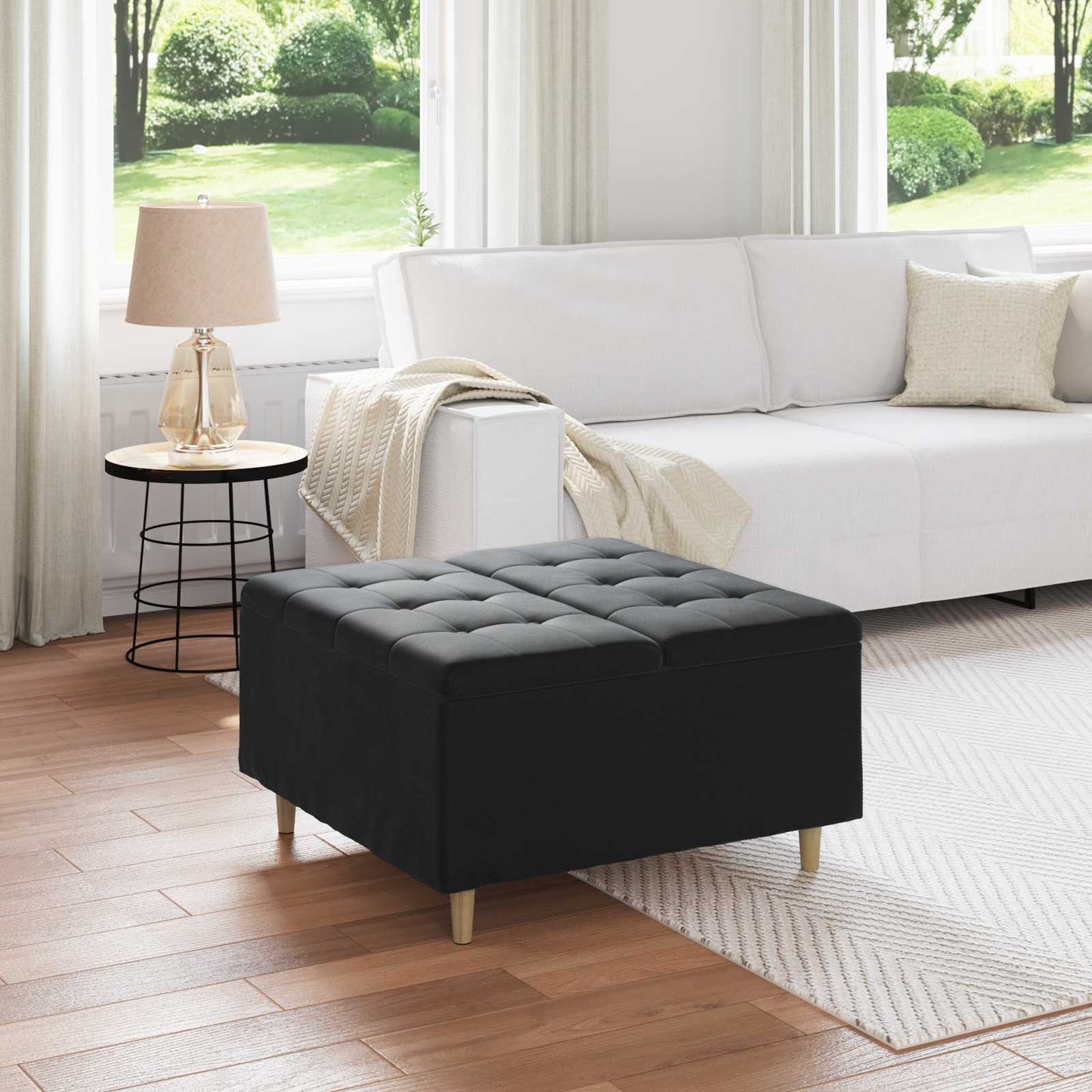 Pouf contenitore con cuscino Nero 80 x 80 x 45 cm Velluto | homemem39