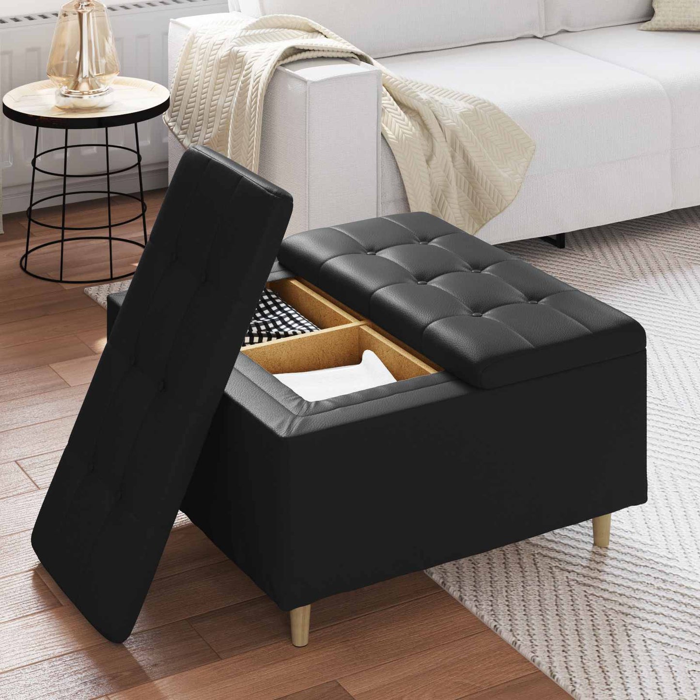 Pouf contenitore Nero 80 x 80 x 45 cm Pelle sintetica | homemem39