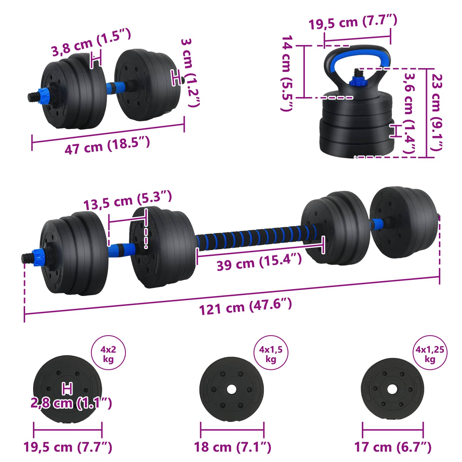 Set di manubri, bilanciere e kettlebell 4-in-1 20 kg Nero e Blu | homemem39