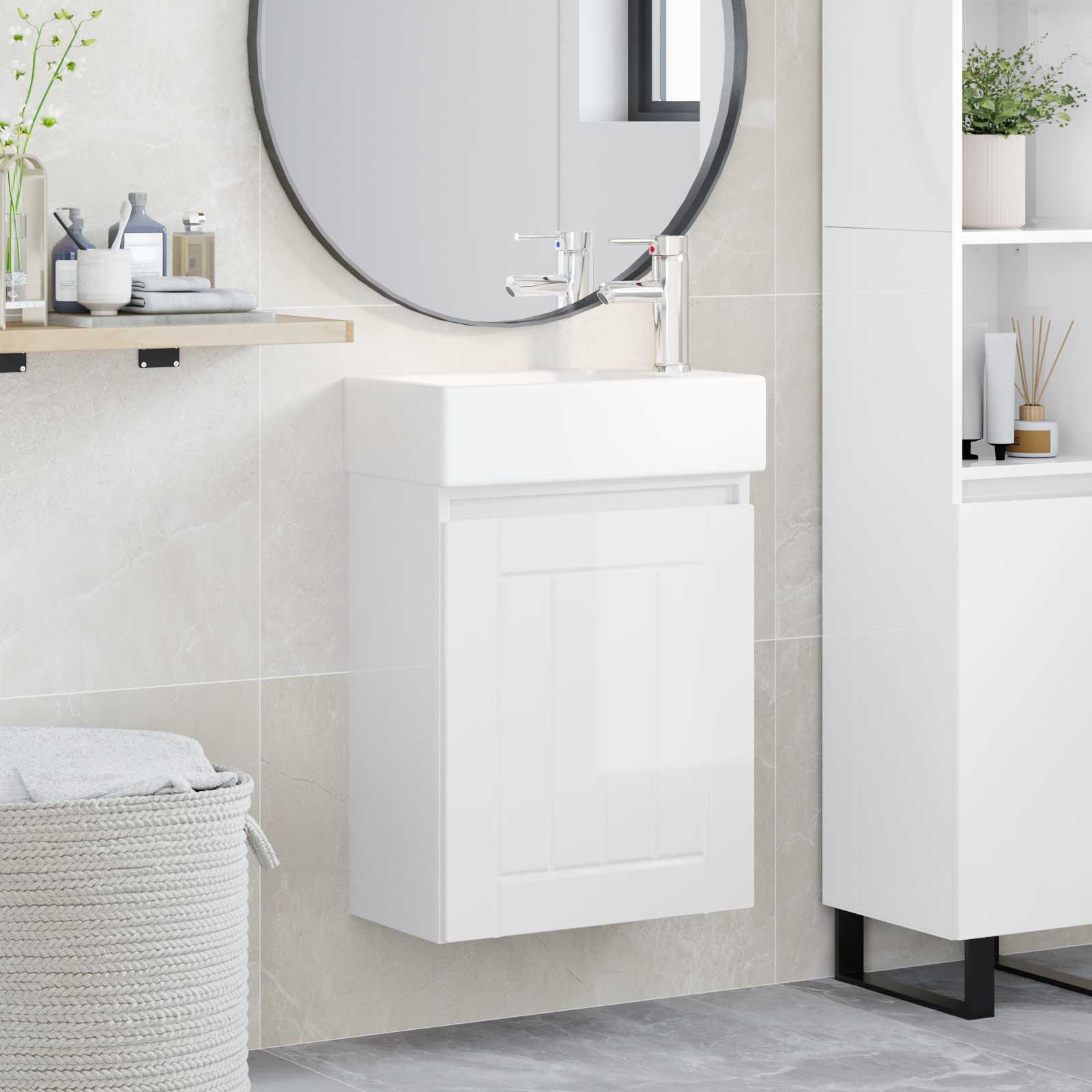 Mobile bagno con rubinetto Bianco Lucido 45,5 x 25,5 x 84 cm | homemem39