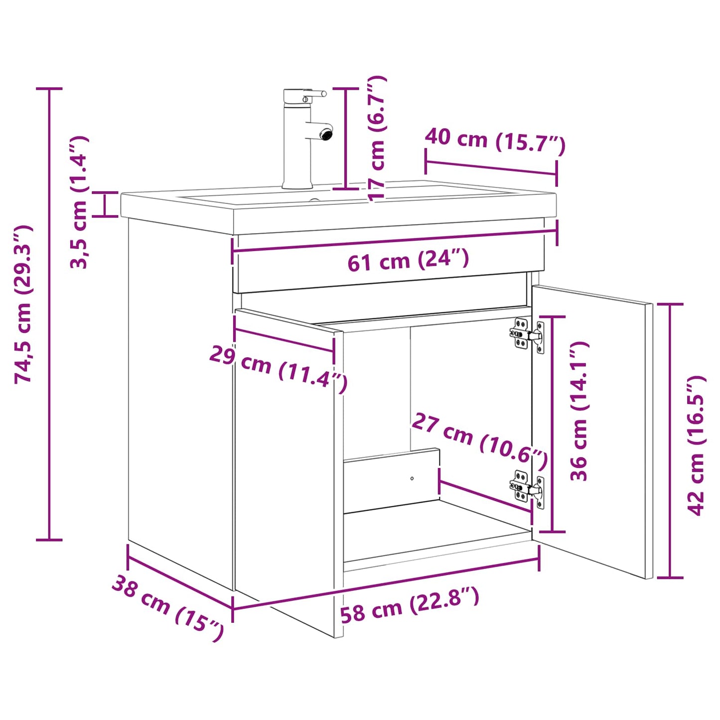 Mobile bagno con rubinetto Bianco 61 x 40 x 74,5 cm | homemem39