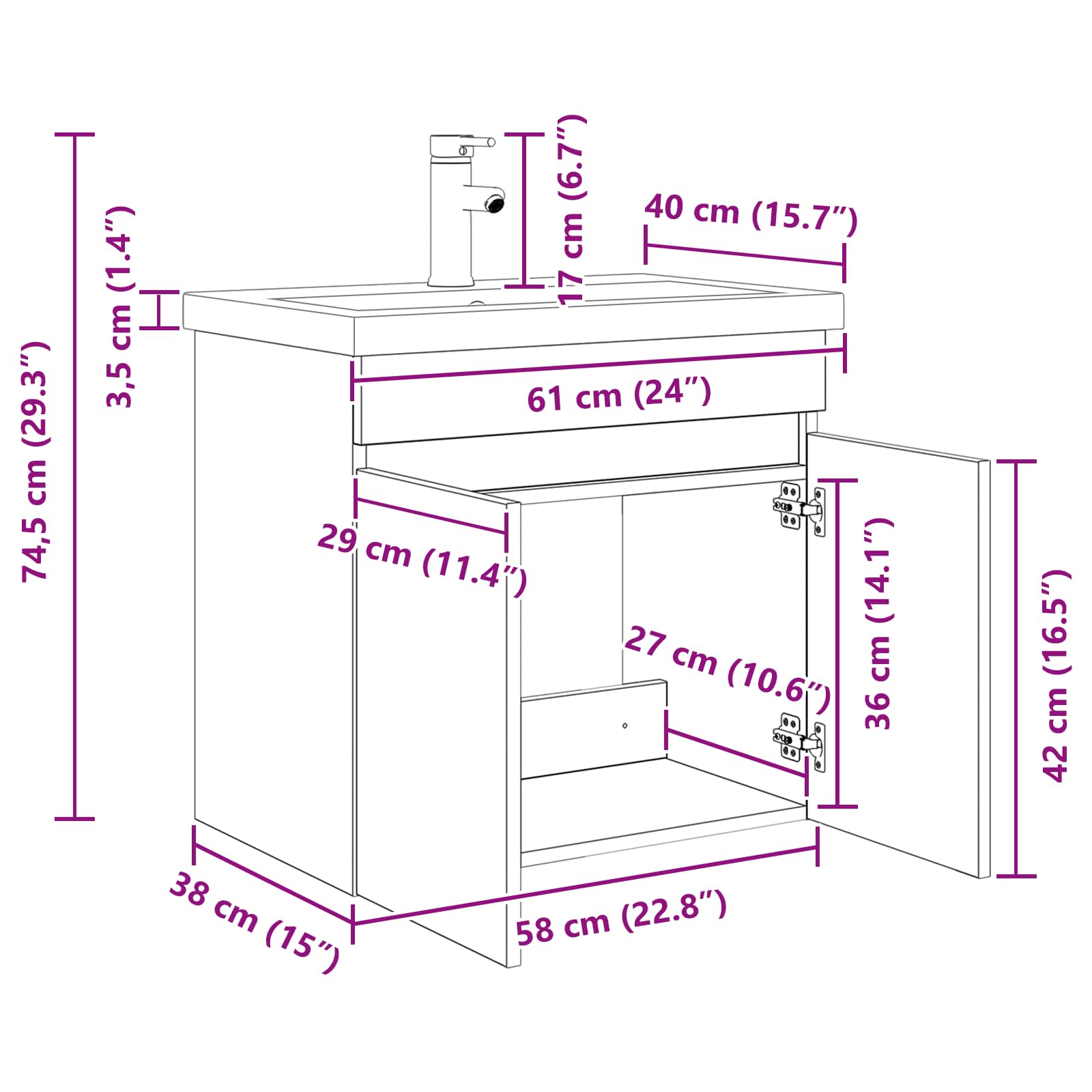 Mobile bagno con rubinetto Rovere Fumo 61 x 40 x 74,5 cm | homemem39