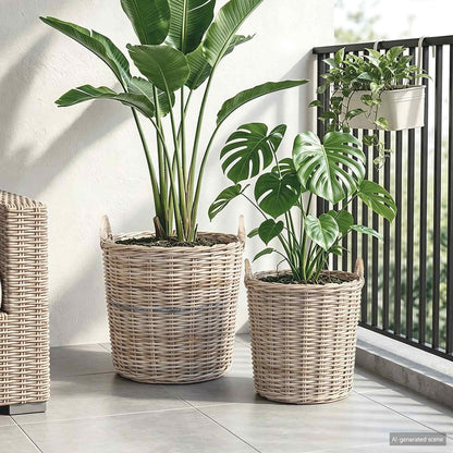 Cestino per piante 2 pz Grigio naturale Rattan Kubu
