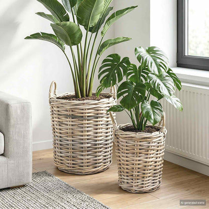 Cesto per Piante 2 pz Grigio naturale Rattan Kubu