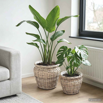 Cesto per Piante 2 pz Grigio naturale Rattan Kubu