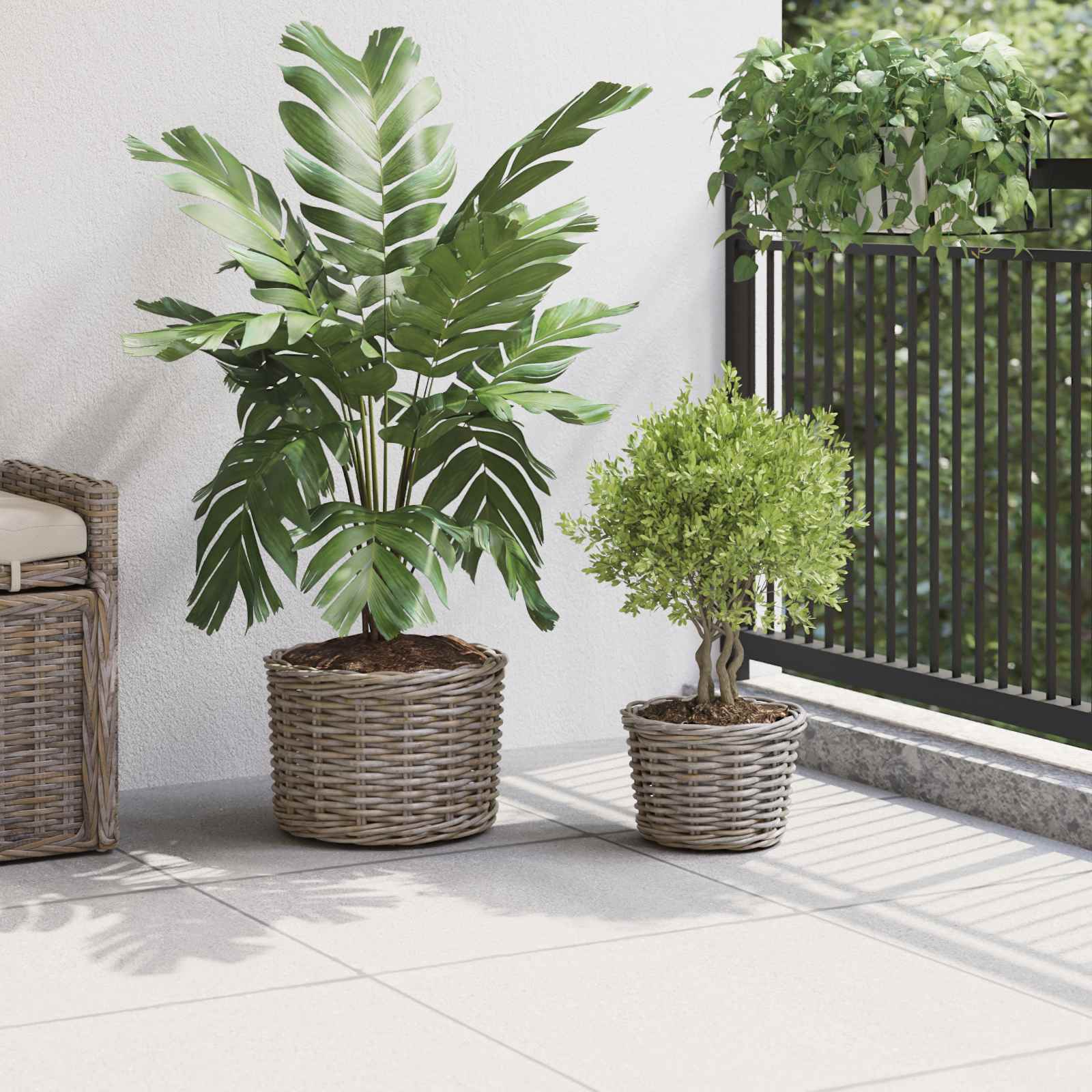Cestino per Piante con archiviazione 2 pcs Grigio Rattan Kubu | homemem39