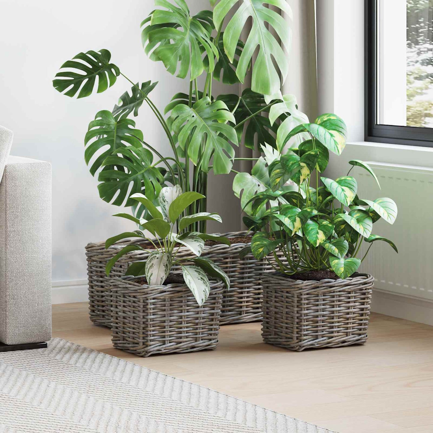 Cestino da Vaso con archiviazione 3 pcs Grigio Rattan Kubu | homemem39