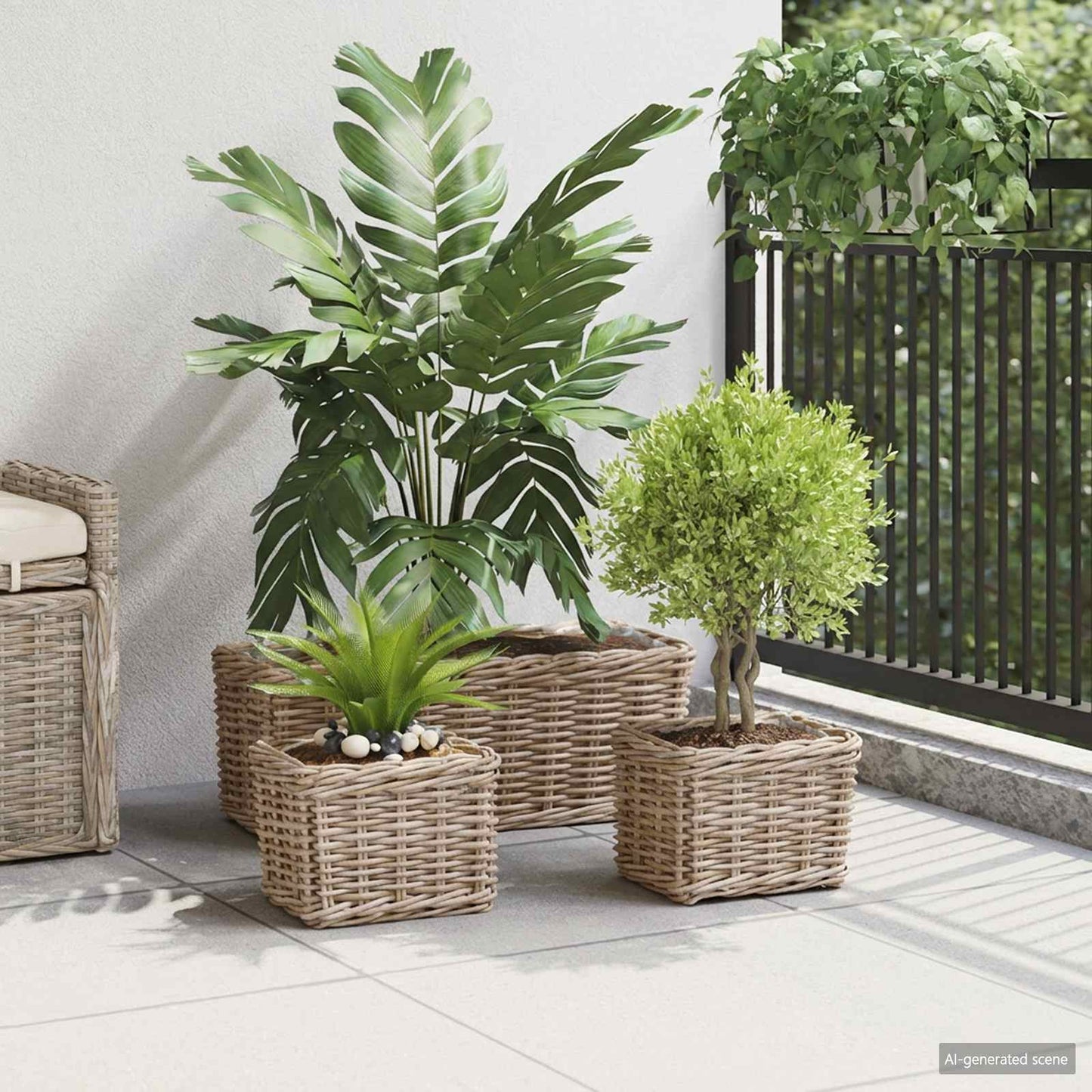 Cestino da Vaso 3 pz Grigio naturale Rattan Kubu