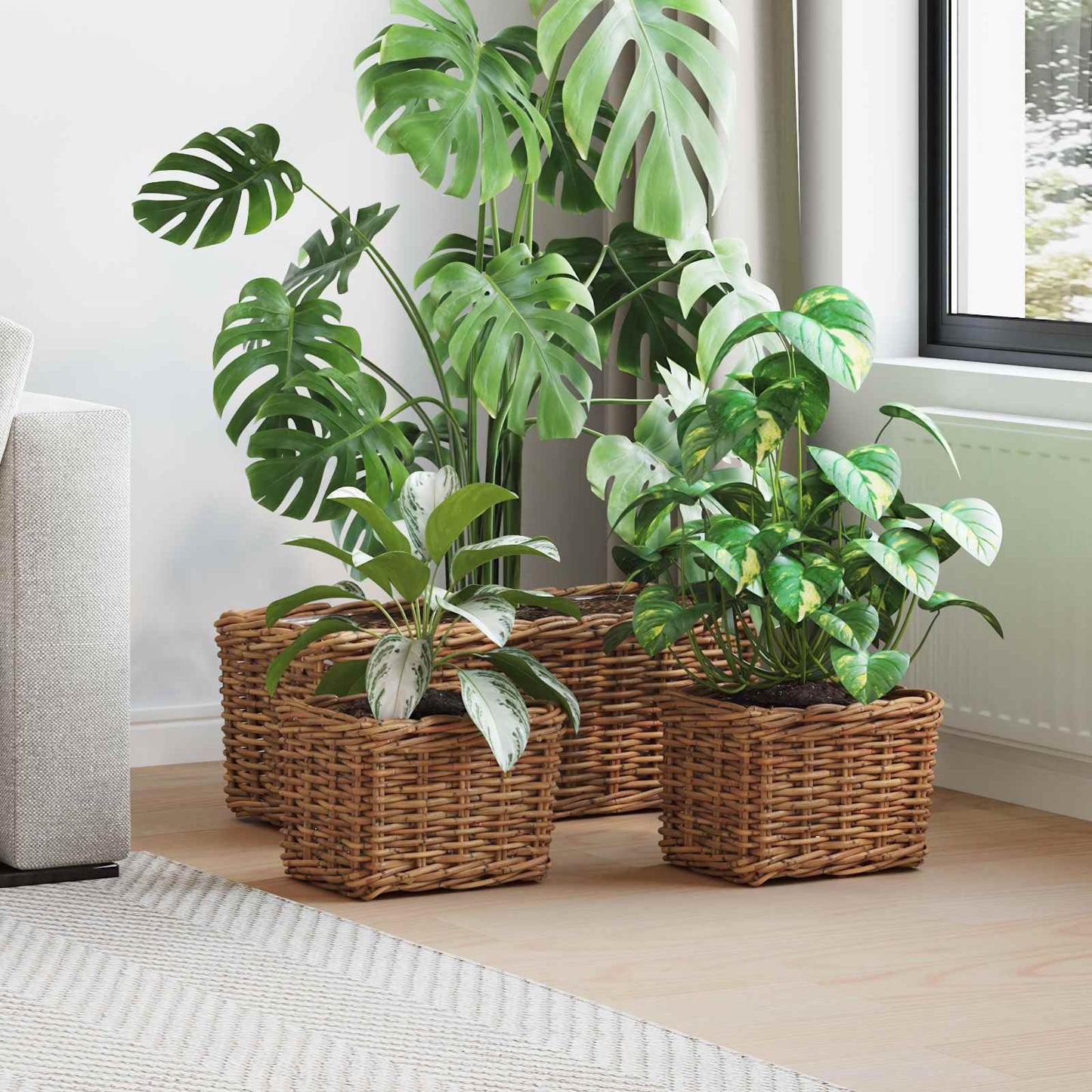 Cestino da Vaso con archiviazione 3 pcs Marrone Rattan Kubu | homemem39
