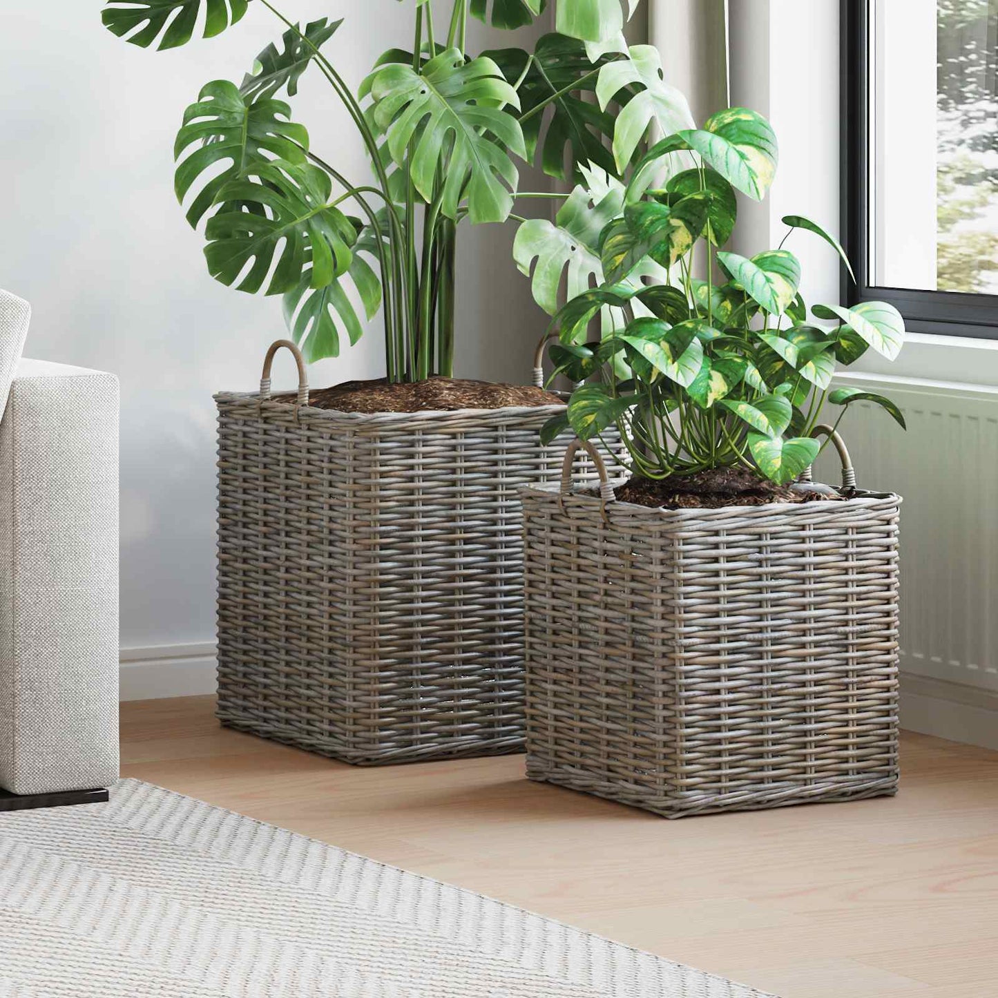 Cestino per Piante con archiviazione 2 pcs Grigio Rattan Lacak | homemem39