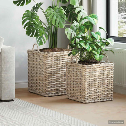 Cestino per Piante 2 pz Grigio naturale Rattan Kubu