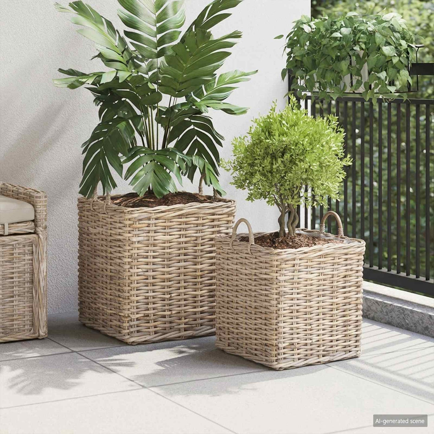 Cestino per Piante 2 pz Grigio naturale Rattan Kubu