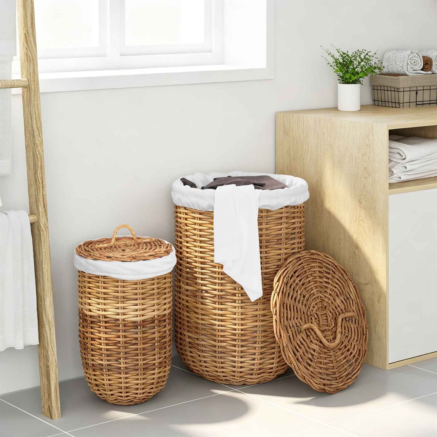 Cesto per la biancheria con coperchio 2 pcs Marrone Naturale | homemem39