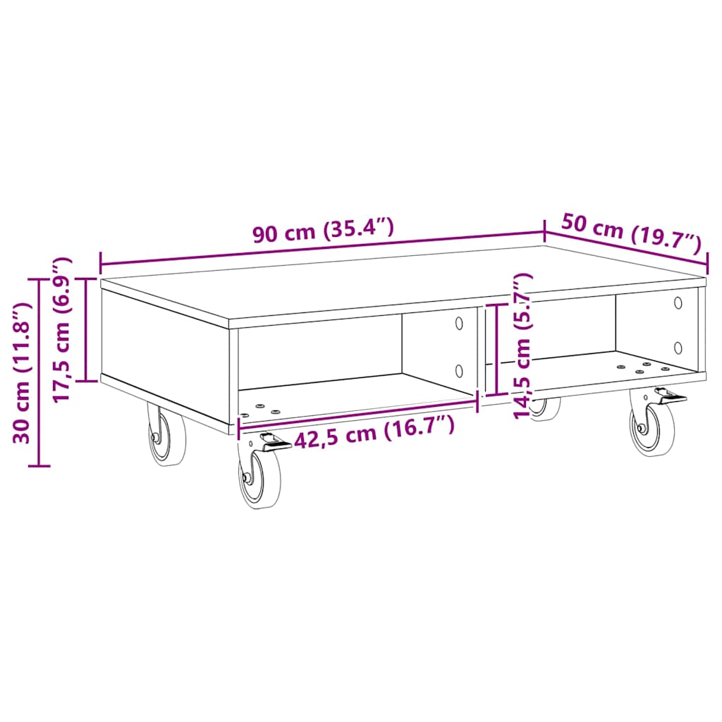 Tavolino con Ruote Grigio Sonoma 90 x 50 x 30 cm