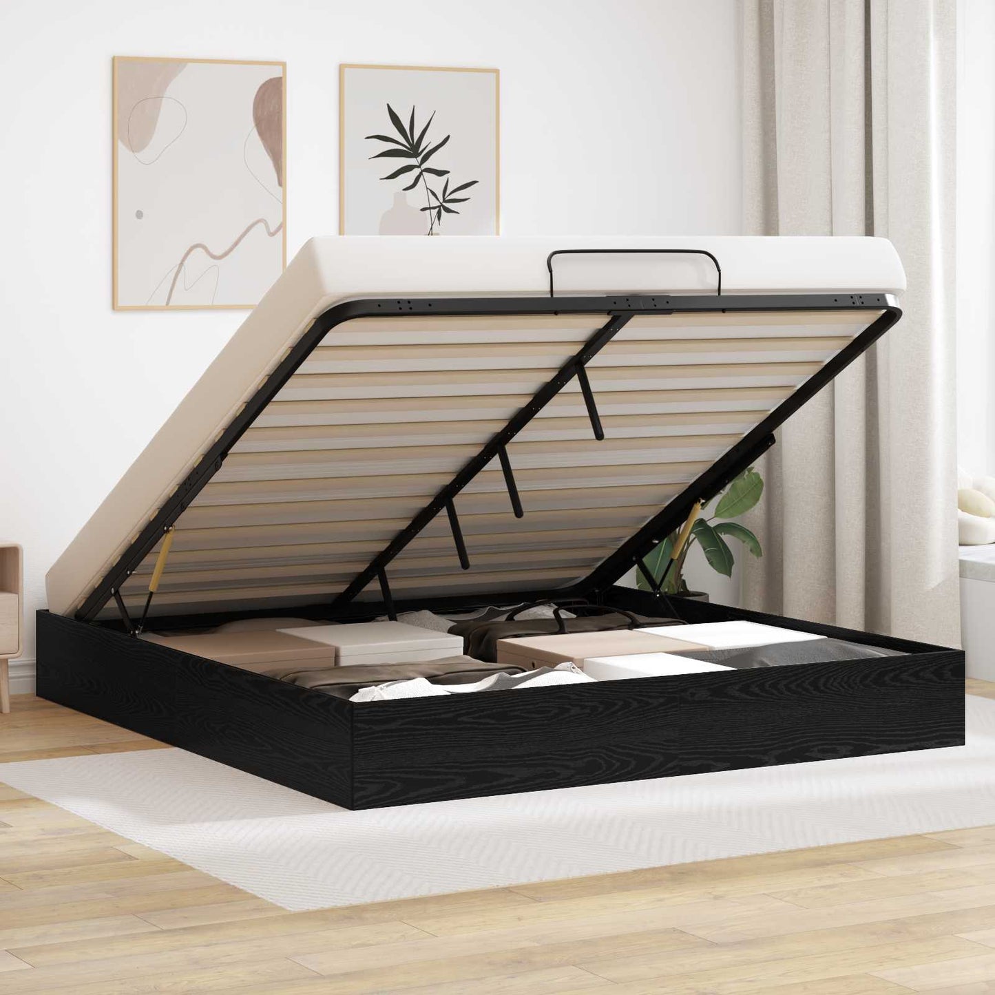 Letto ottomano con archiviazione Rovere Nero 203 x 160 x 25 cm | homemem39