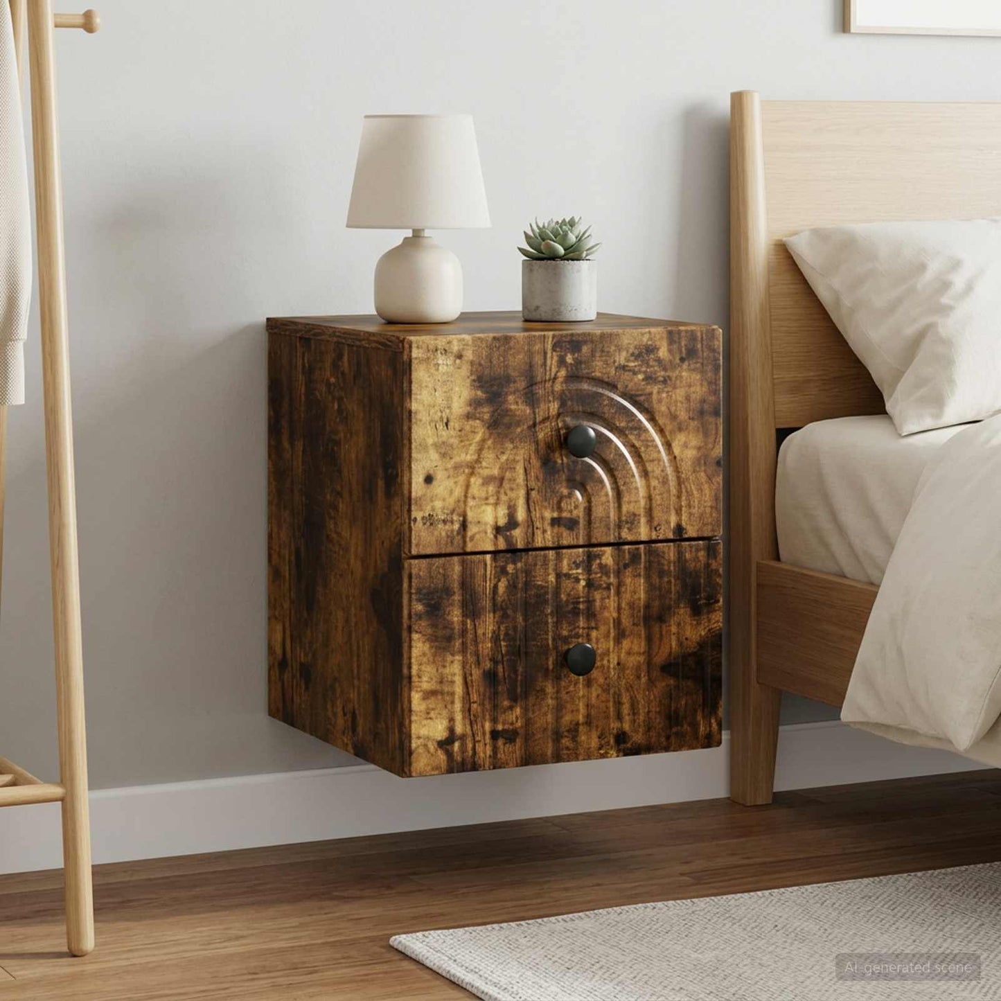 Mobiletto da notte a muro 2 pz Rovere Fumo 33 x 34,5 x 40 cm