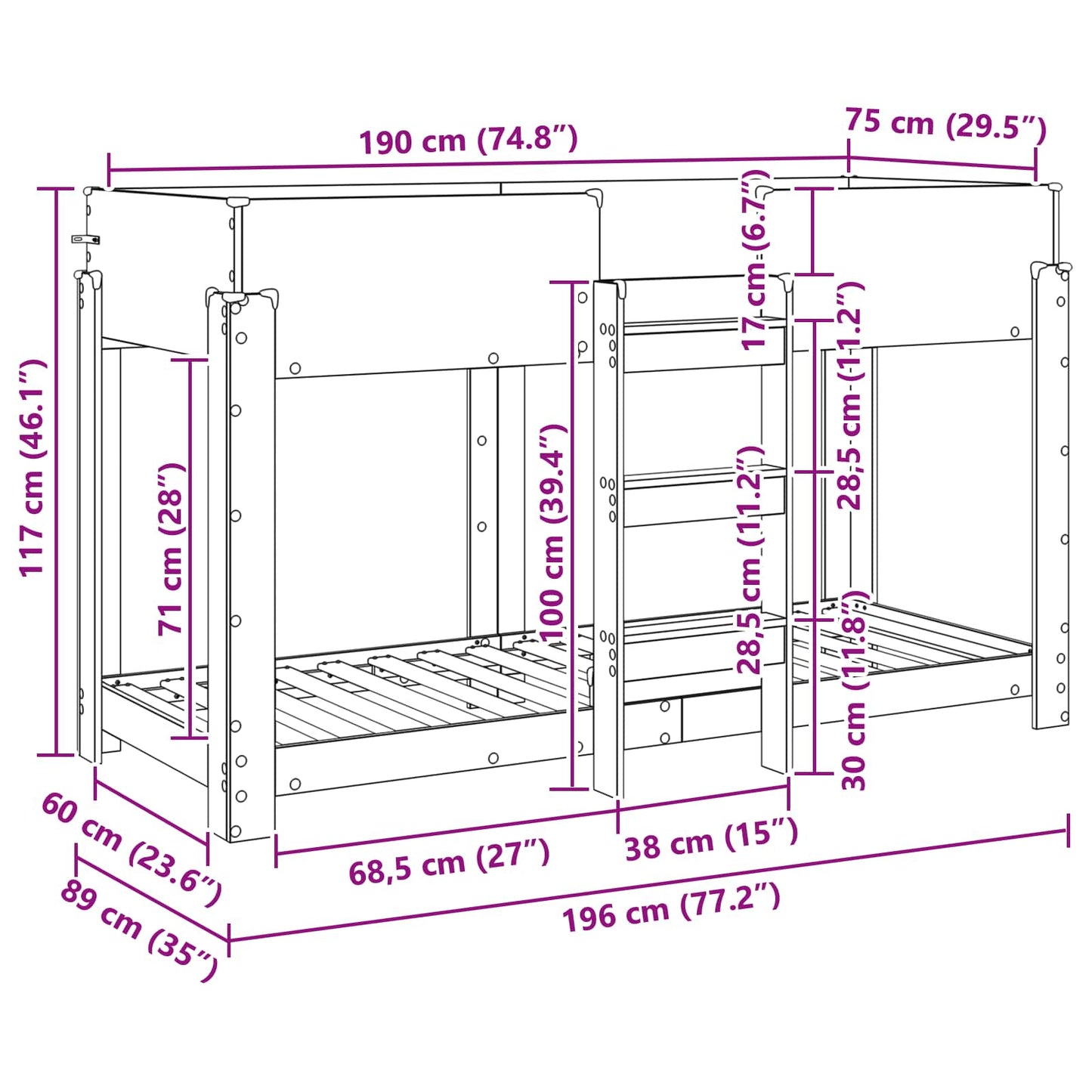 Letto a Castello per Bambini Rovere Nero 75 x 190 cm | homemem39